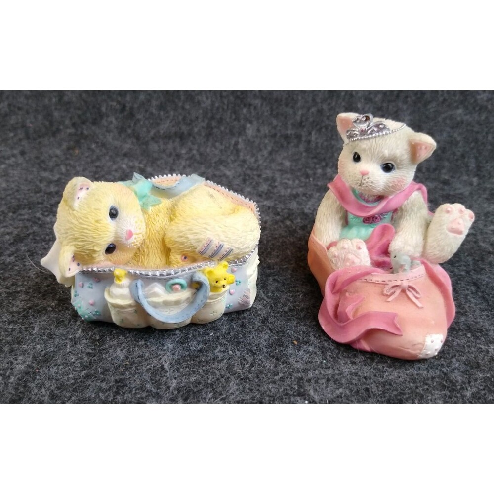 2 Vintage Calico Kittens Figures Dance  Life Bag of Tricks Figurine Enesco Cat